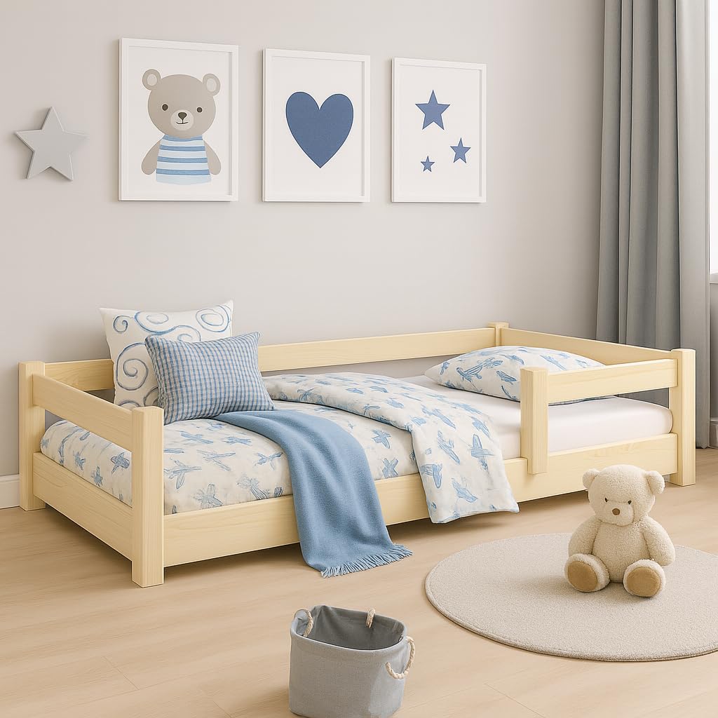 KOBI Lit d'enfant 120x60 cm, avec Tringle - Lit de Sol Nordi en Bois de pin Naturel