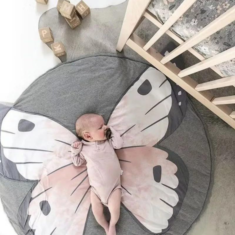 Poowe Butterfly Baby Round Play Pad Crawling Mat Butterfly Baby Blanket Butterfly Tummy Time Mat Rug for Kids Children Toddlers Bedroom