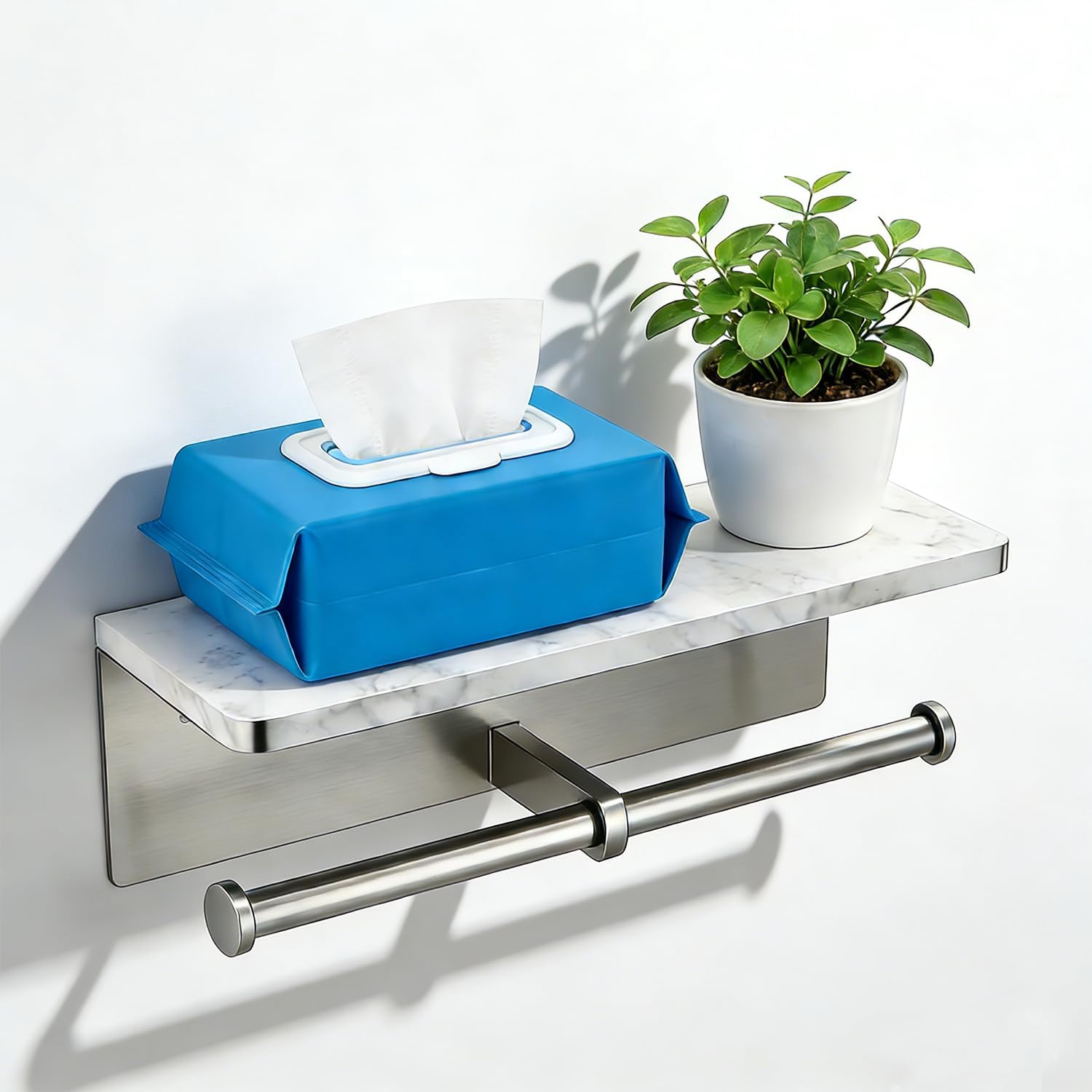 Brushed Nickel Toilet Paper Holder Wall Mount, NEWRAIN Rustproof Commercial Double Toilet Tissue Holder with Marble Phone Shelf, Stainless Steel Toilet Roll Holder for Bathroom, Washroom, Hotel, RV