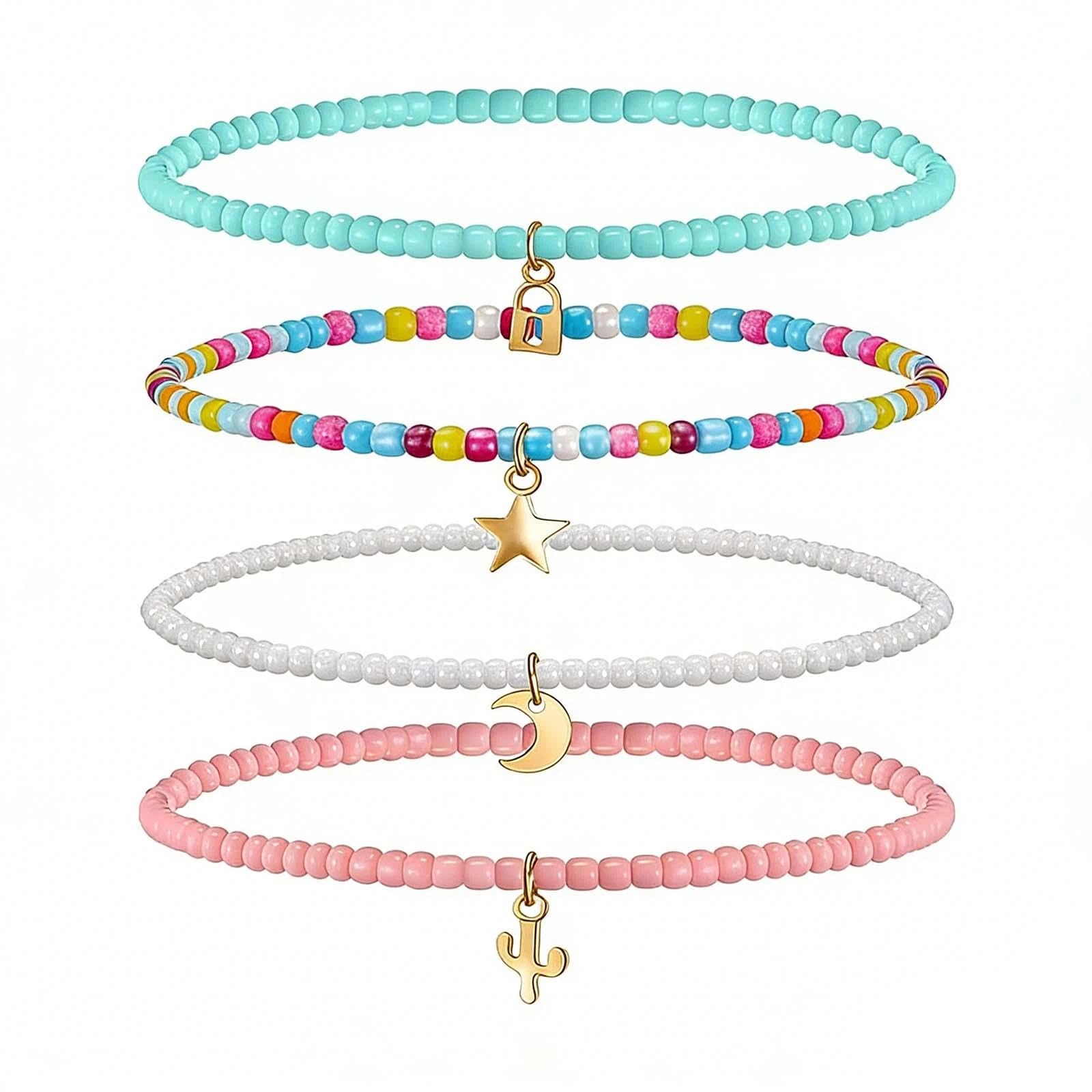 Cavigliere da Donna, 4 pezzi Boho per Estate Bracciale Elastico con Perline Colorate Cavigliere Bohémien, per Donne Ragazze Stratificate Caviglieres Impermeabili Gioielli Spiaggia