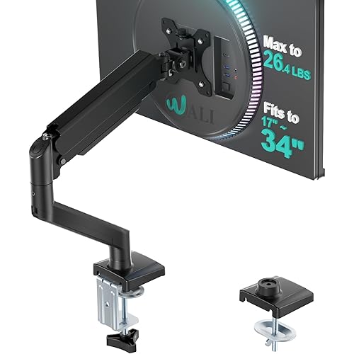 WALI Single Monitor Mount, Gas Spring Monitor Arm for 17-34 inch Screens, Adjustable Computer Monitors Stand up to 26.4lbs, with Clamp and Grommet Base, Mounting Holes 75 and 100mm (GSMP001N), Black