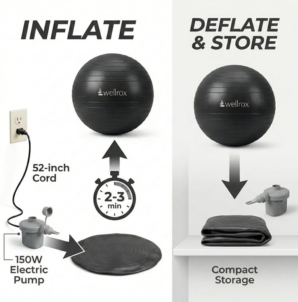 Wellrox Exercise Ball with Electric Pump 45-55cm Anti-Burst Yoga Ball for Pregnancy, Pilates, Fitness & Physical Therapy, Home Gym Balance Chair for Office Desk