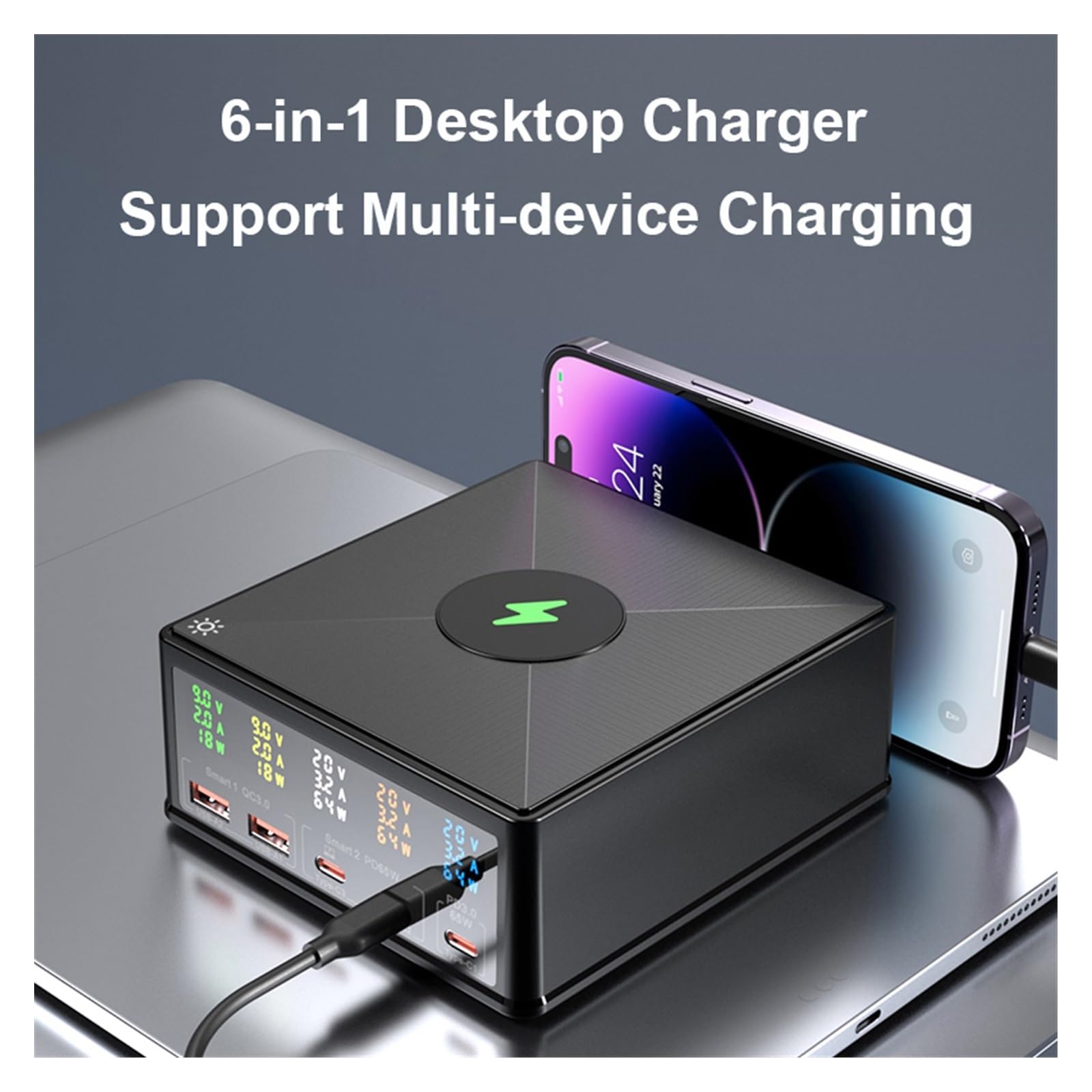 Stacja ładująca USB 160 W Bezprzewodowa ładowarka 15 W Wyświetlacz LCD USB-C QC3.0 PD Szybka ładowarka 65 W Uniwersalna kompatybilność