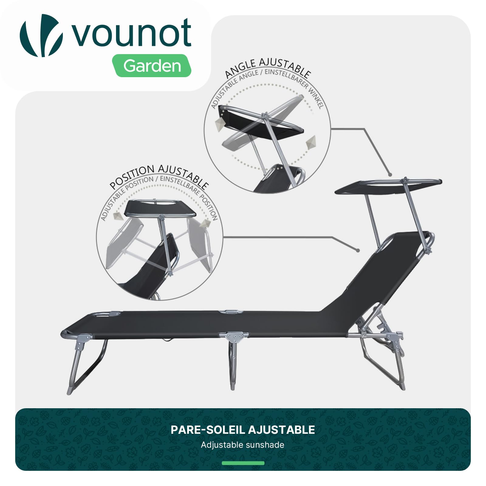 VOUNOT® Set di 2 Sdraio da Giardino Pieghevole, Lettino Prendisole con Tettuccio Parasole e Schienale Regolabile, Sdraia da Balcone per Spiaggia, Terrazzo e Esterno Piscina, Nero