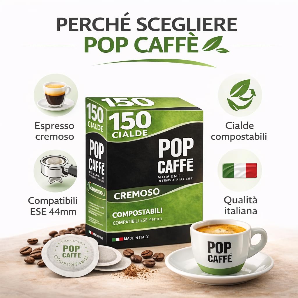 POP Caffè Cialde ESE 44 Compostabili – 150 Cialde Caffè Miscela Rossa Cremosa, Espresso Intenso, Compatibili con Macchine ESE 44mm