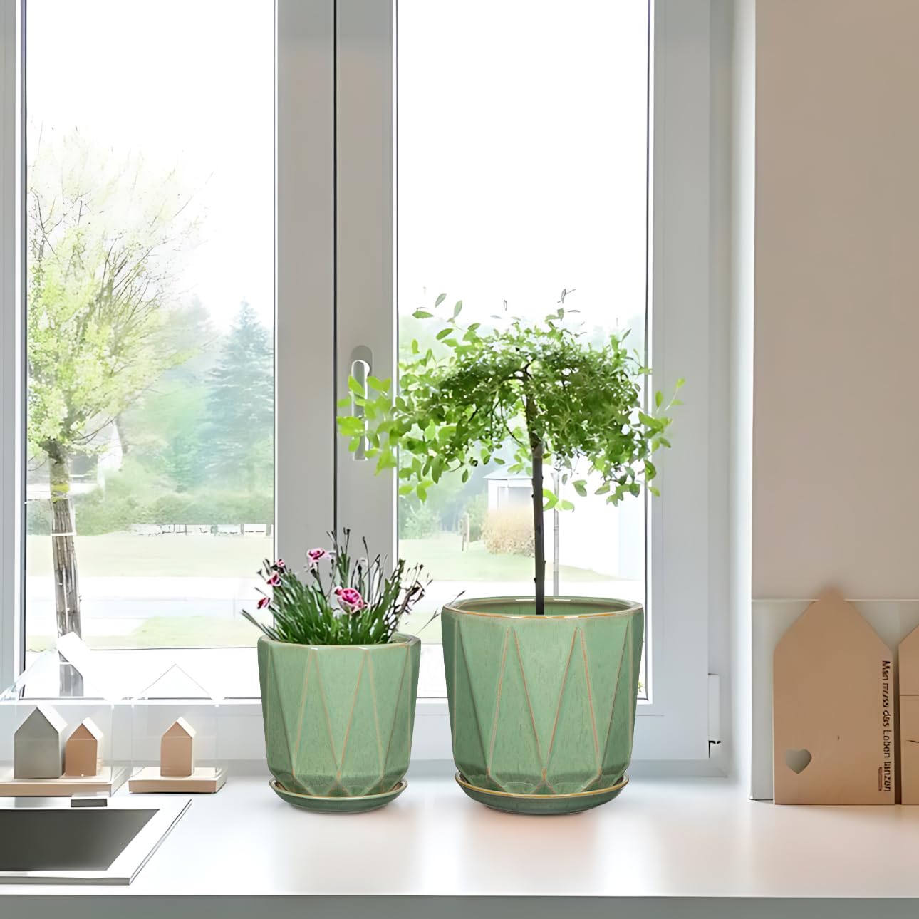 Oairse Macetas de cerámica para plantas, macetas de 8 + 6 pulgadas con agujeros de drenaje y platillos, macetas grandes de cerámica verde, maceta decorativa para plantas de interior y exterior