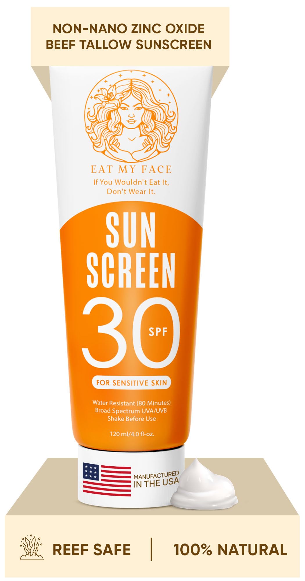 Eat My Face Beef Tallow Sunscreen SPF 30 - Grass Fed Moisturizing Mineral Zinc Oxide Sunscreen - No White Cast, Reef Safe, Water Resistant 80 Min - Travel Tube 4 oz Vanilla