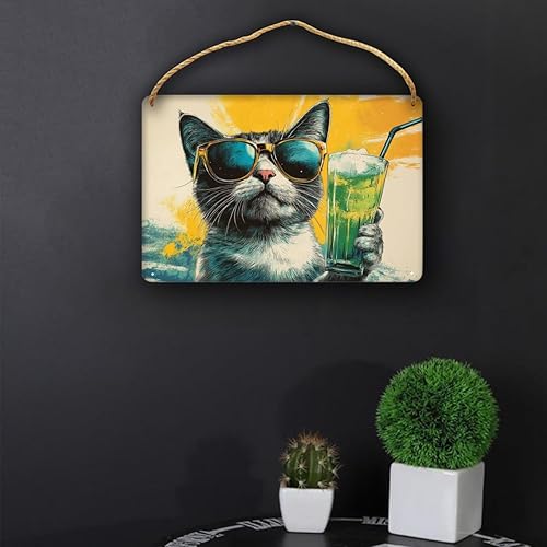 Miniatura 4 de Cartel de madera retro para fiesta de jugo de gato, 12 x 8 pulgadas, cartel colgante de madera vintage, póster de pared para comedor y sala de