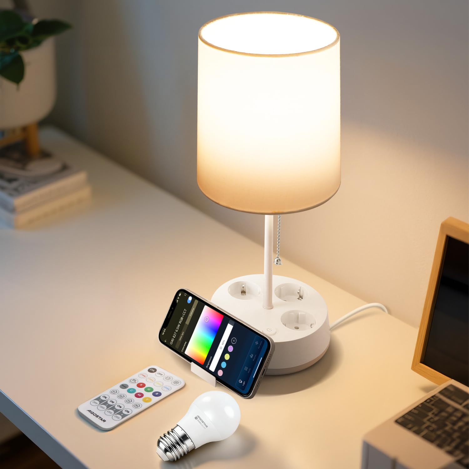 Aigostar - Lampe de Chevet Intelligente Compatible avec APP, Lampes de Table en Tissu, 2700K-6500K et RGB Réglable, avec 3 Prises (Type F), Télécommande et Support pour Téléphone, Blanc
