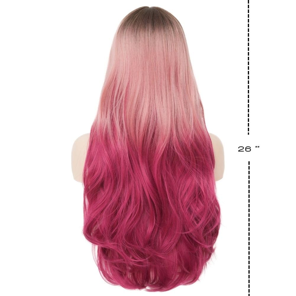 Siudus Ombre Pink Long Curly Wigs for Women with Bangs Dark Root Wavy Cosplay Fluffy Hair Wig Synthetic Fiber Halloween Costume Wig - Image 4