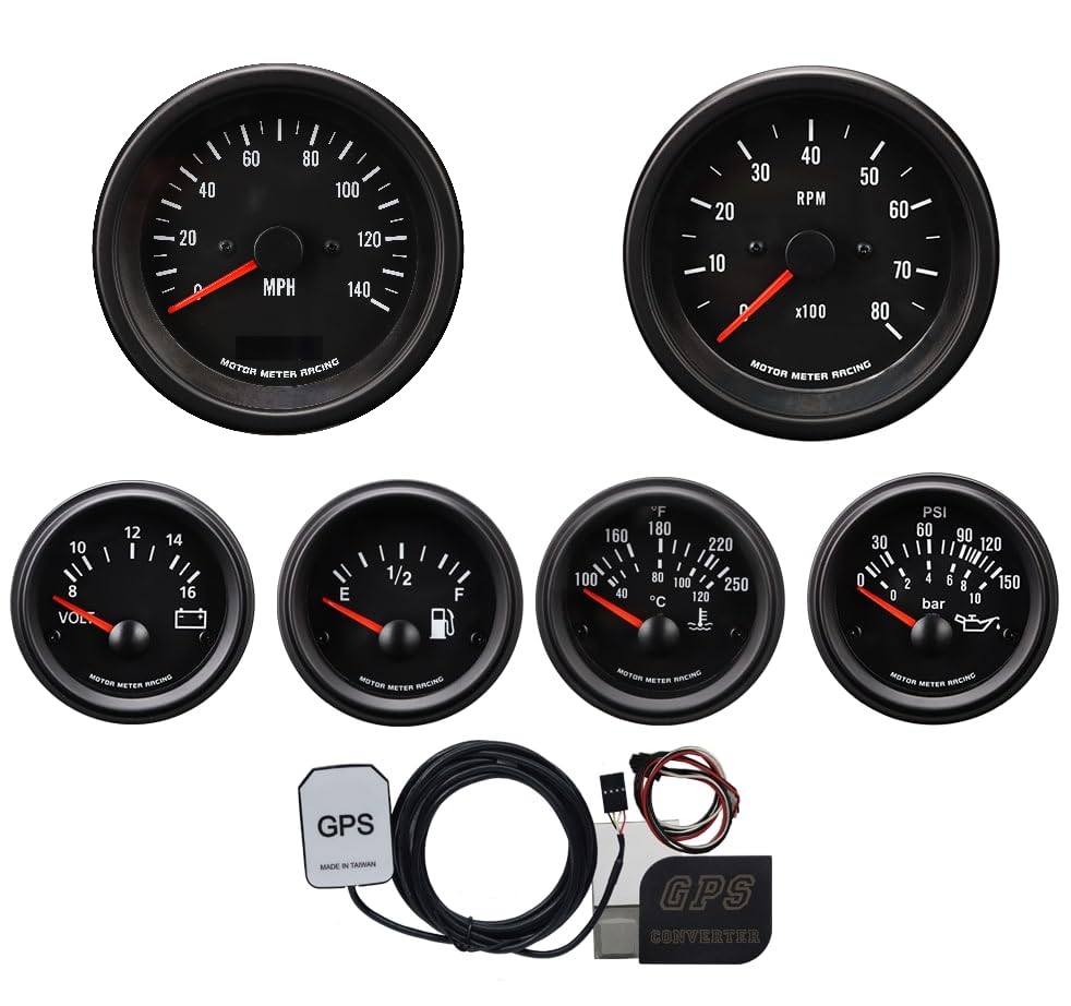 Image of VD Vintage Electrical GPS 6 Gauge Set Black Dial Red Ndl | GPS Sensor Signal, 85mm, 3-3 /8 inch, 52mm, 2-1 /16 inch, Speedometer Digital Odometer, White LED Illumination, Car, Automobile