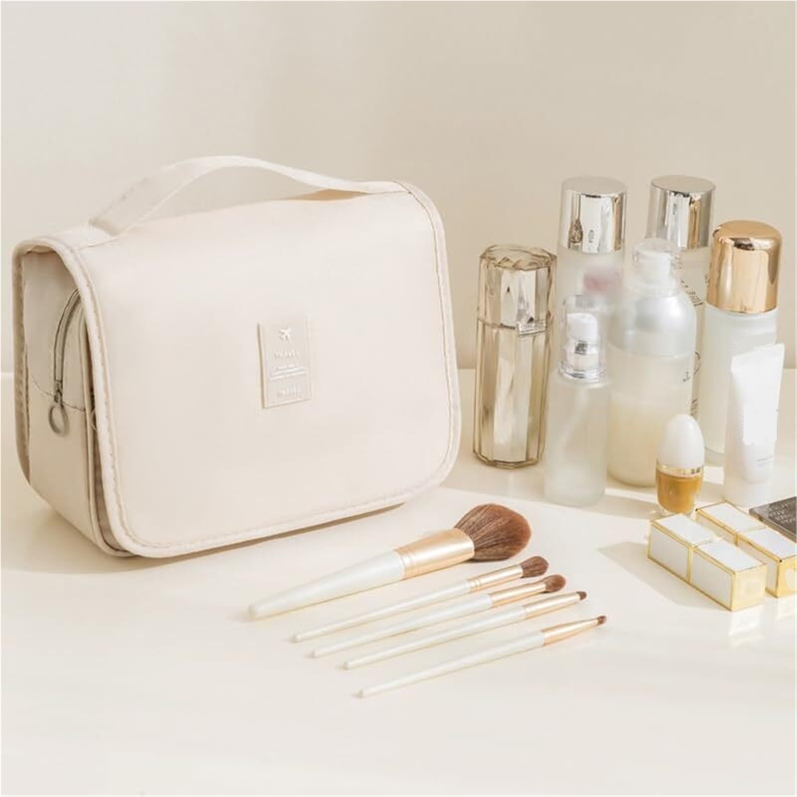 Neceser Maquillaje Bolsa de Aseo con Gancho for Colgar, Resistente al Agua, Organizador de Viaje for artículos de tocador de tamaño Completo. Viaje(Beige)