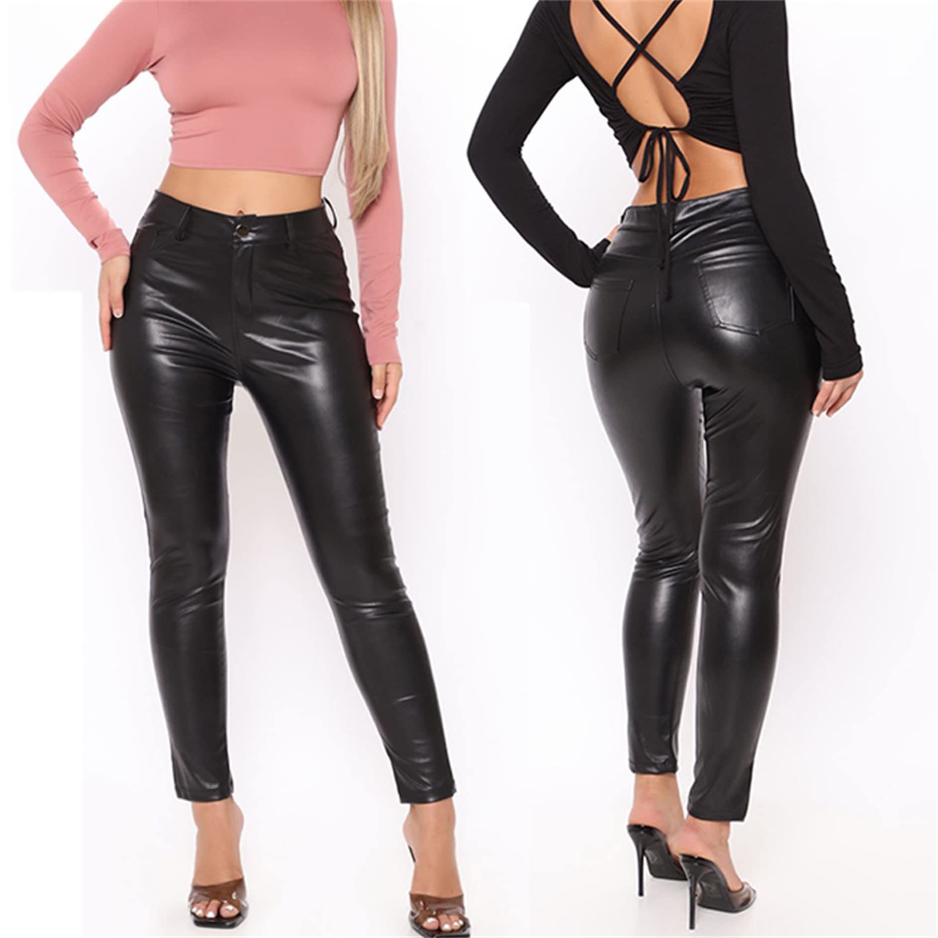 Damskie spodnie ze sztucznej skóry z wysokim stanem Flare/ołówkowe/proste Seksowne legginsy slim fit Legginsy ze sztucznej skóry wyglądające na mokre (czarne 2 XL)