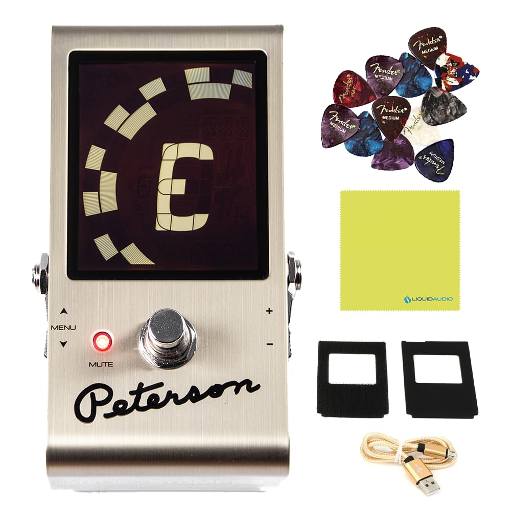Peterson Strobe Tuner StroboStomp LE 75th Anniversary Edition Tuner Pedal Bundle with 12x Fender Guitar Picks & Liquid Audio Instrument Polishing Cloth
