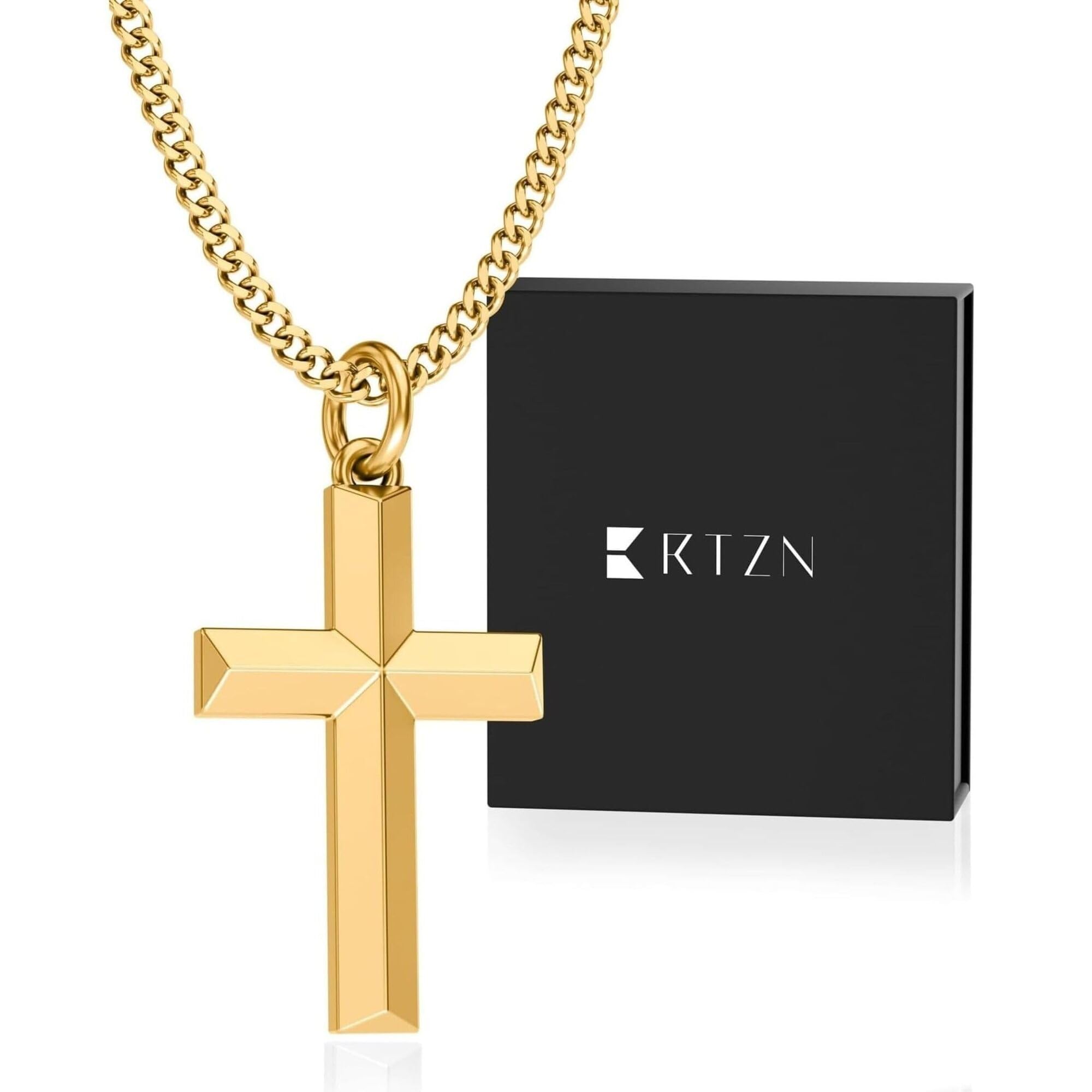 RTZN® Cross Pendant for Men – 18K Gold/Silver Small Cross Necklace for Men – NON-TARNISH &amp; 100% Waterproof Mens Silver Necklace with 2mm Curb Chain Length 18/20/22/24" Inches