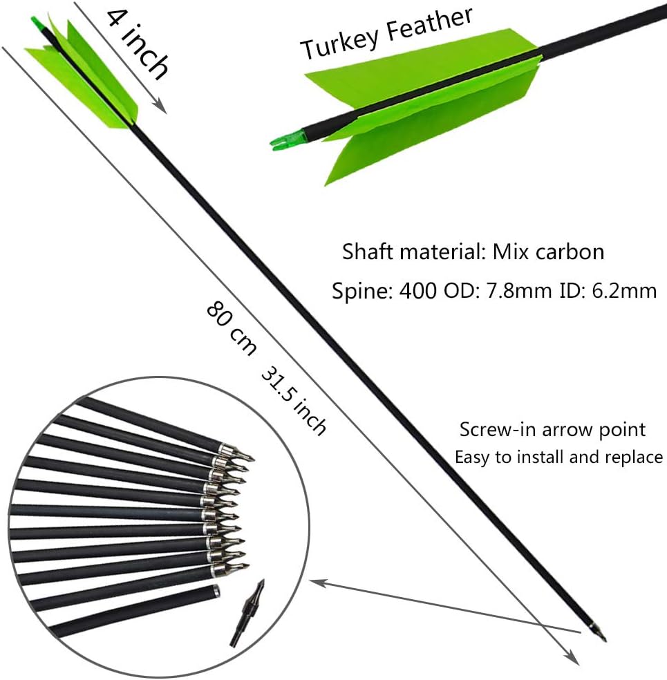 ZSHJGJR 12pcs Archery 30 Inch Target Flu-Flu Arrows Spine 400 Mix Carbon Arrows Hunting Target Arrows with 4 Feathers 100 Grain Judo Arrowheads for Hunting Shooting