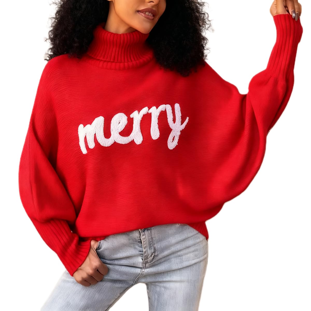 SOLILOQUY Women Merry Christmas Sweater Long Batwing Sleeve Oversized Turtleneck Letter Embroidery Pullover 2025 Xmas Jumpers