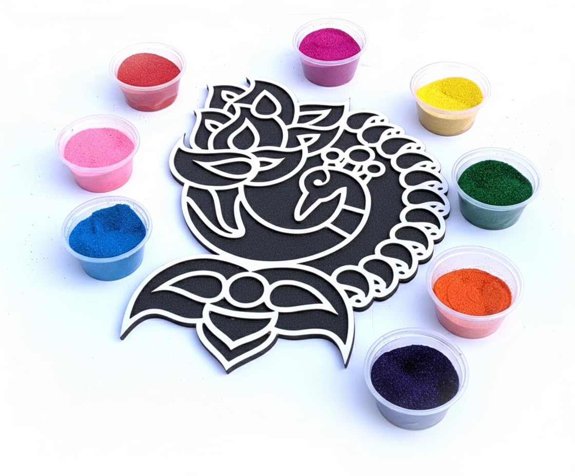 Reusable Portable Rangoli Template Mat. Readymade Stencil Craft. Mayur Peacock Style. Just Fill with Rangoli or Petals. Traditional Design with Modern Day Ease of Use (Design N) (11.5 Inch)