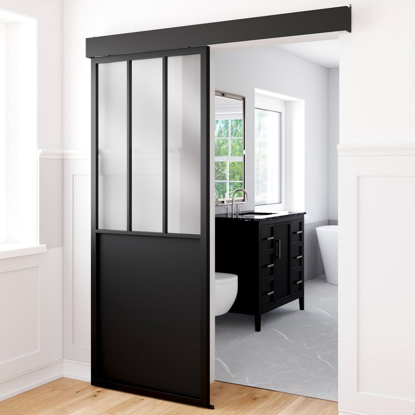 IDMarket - Kit Porte coulissante verrière 83 cm en métal + MDF avec Rail et Fixations