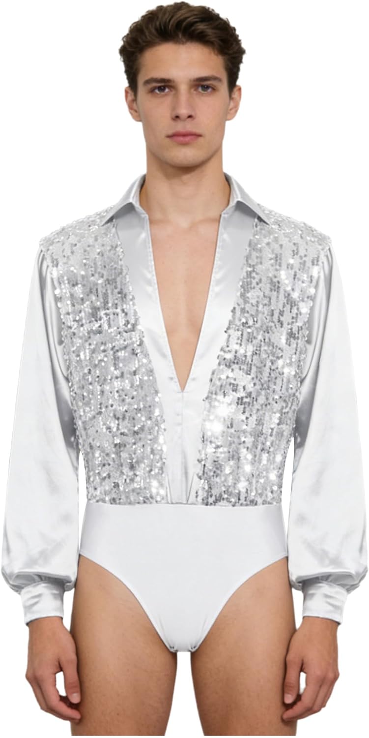 Men Latin Modern Ballroom Dance Bodysuit Top Glittery Sequin Long Sleeves Ballet Tango Leotard Shirt