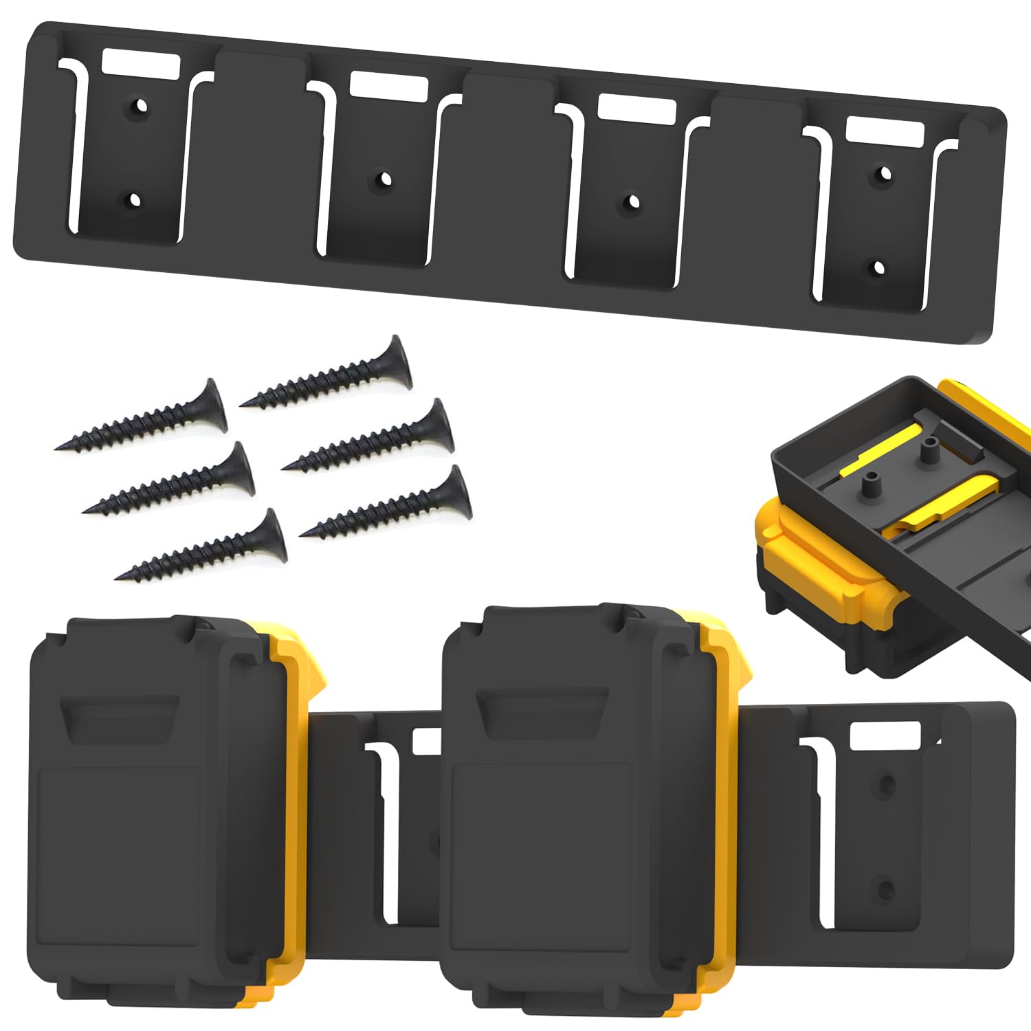 Battery Rack Compatible with DeWalt 20V Battery Holder, Mount 4 Slot Bulk Battery Garage Tool, Tools for Dewallt 20v, Wall Display Hook Holder (Black 1pc)