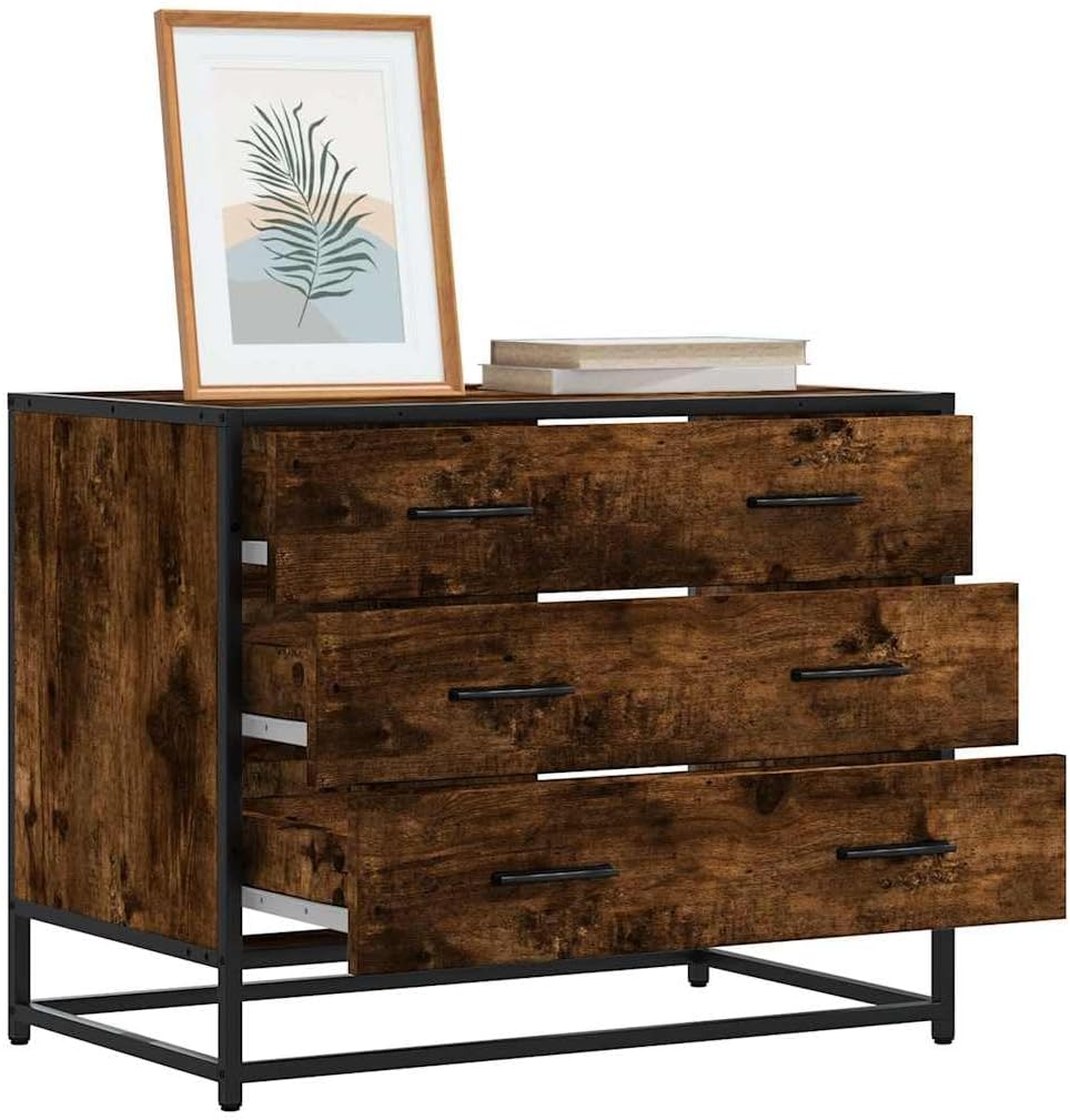 Générique Komoda wędzona dębowa 70x41x56 cm z 3 szufladami szafka do przechowywania z drewna konstrukcyjnego i metalowa rama wytrzymały blat do dekoracji powierzchnia łatwa do czyszczenia.