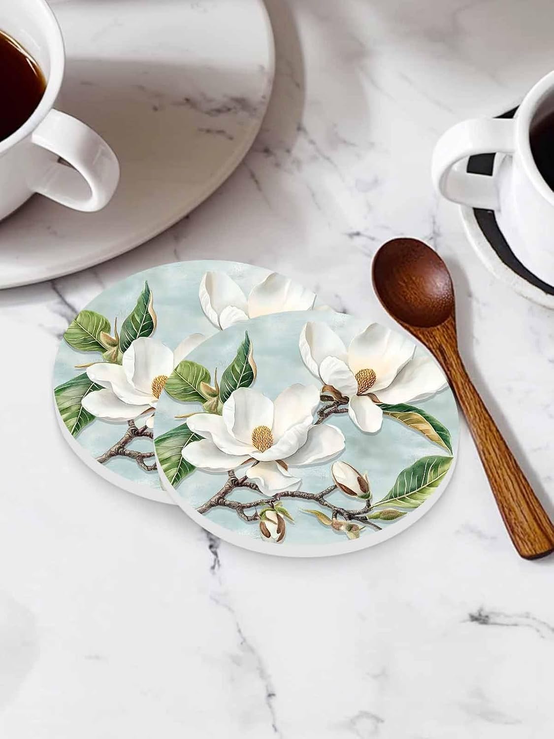 Spring Magnolia Coasters for Drinks Set of 6 with Holder, White Flower Vintage Ceramic Cup Mat, Absorbent Ceramic Stone Coasters with Cork Base for Coffee, Cups, Wooden Table, Home Decor 4 Inch