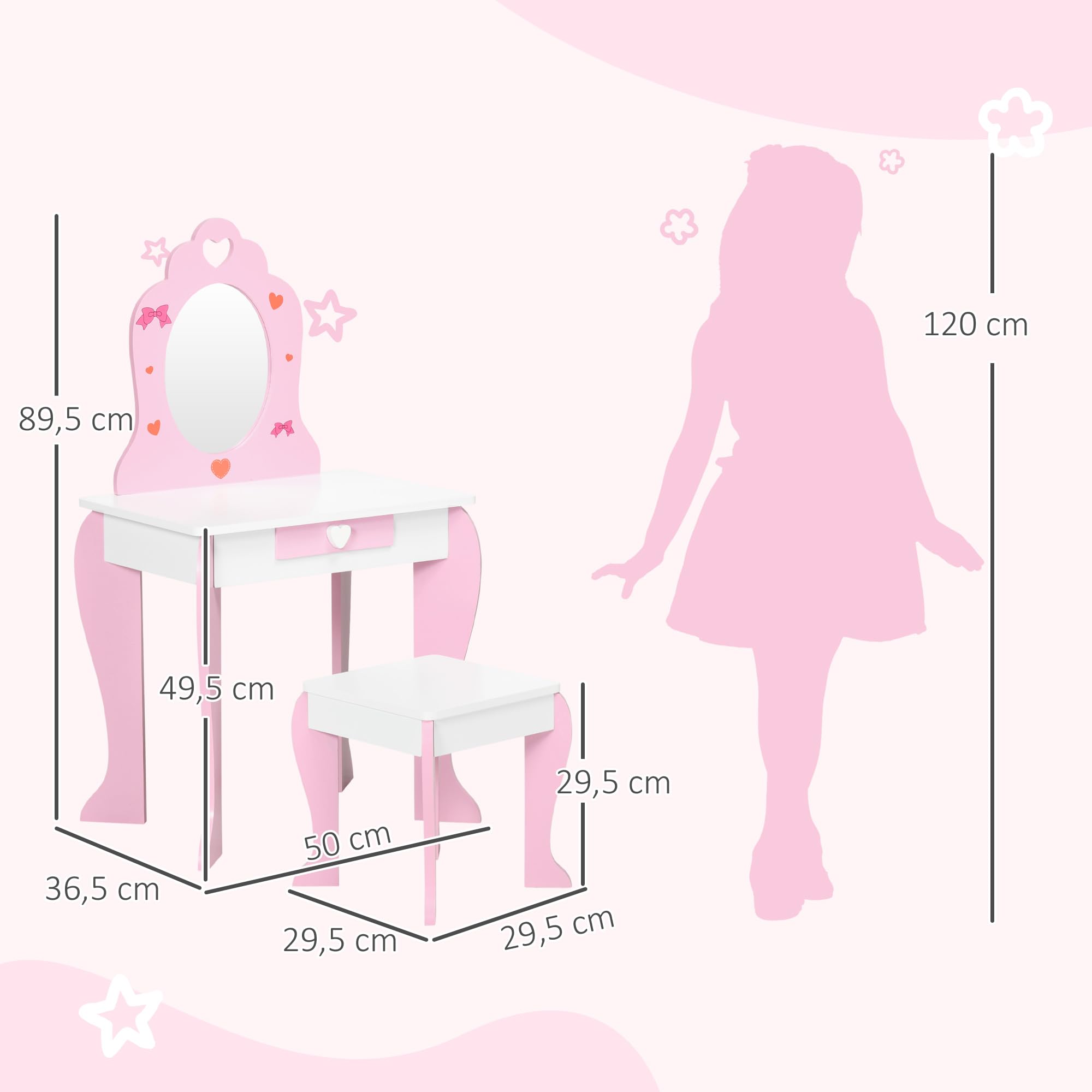 ZONEKIZ Tocador Infantil de Madera Tocador para Niñas con Taburete y Espejo Tocador de Maquillaje para Niñas de 3-6 Años con Cajón 50x36,5x89,5 cm Rosa