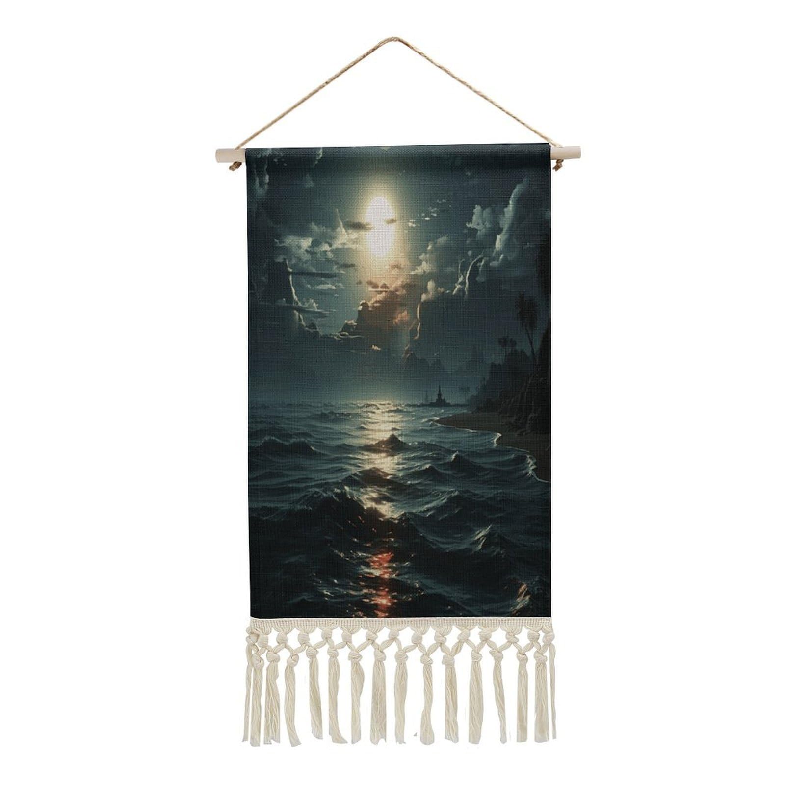 Adfgyerh Style Sea Moon Tapestry With Tassels Cotton And Linen Hanging Posters, Wall Art For Travel Gift, Wall Tapestry For Office Home Decor Bedroom Living Room Decor