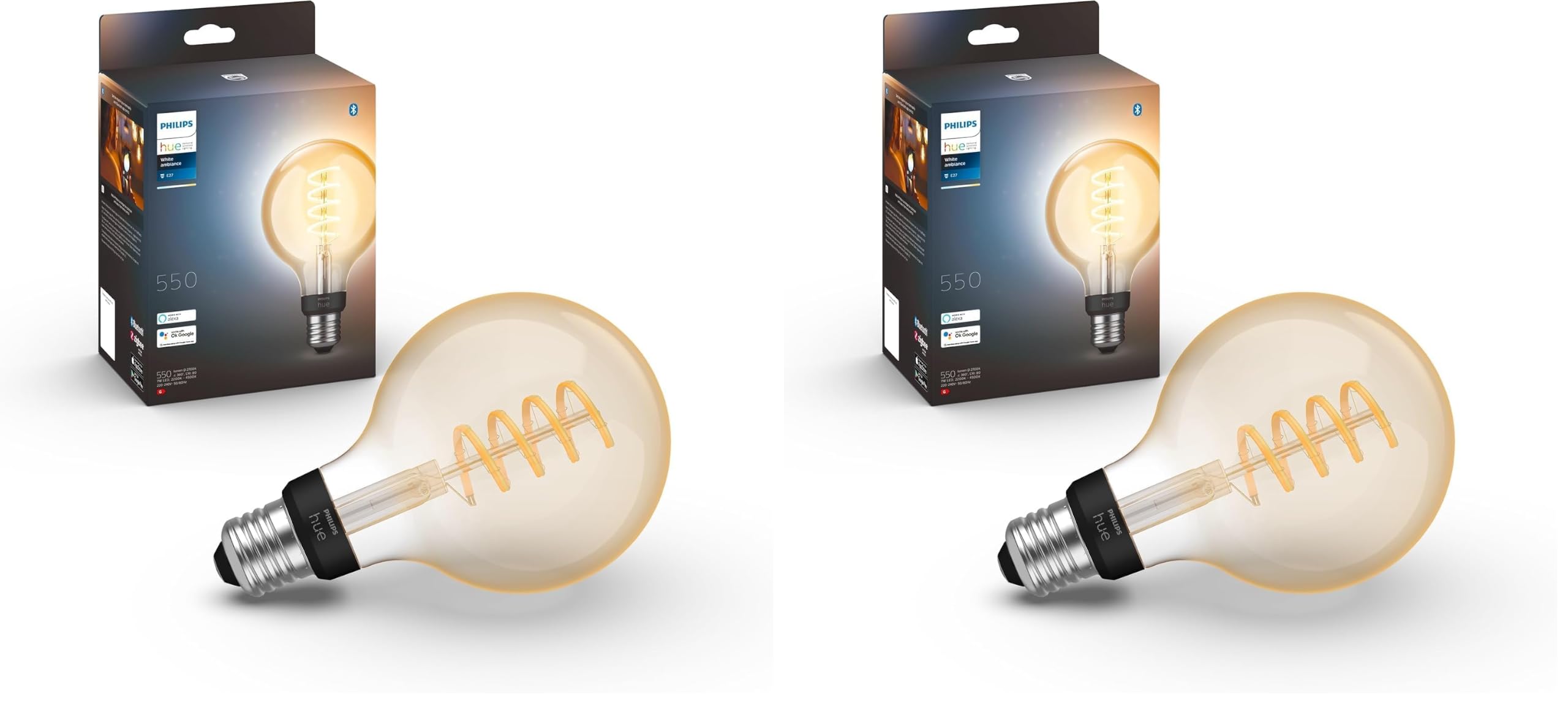 Philips Hue White Ambiance E27 Filament Globe Lampe (550 lm), dimmbare LED Lampe für das Hue Lichtsystem mit allen Weißtönen, smarte Lichtsteuerung über Sprache und App (Packung mit 2)