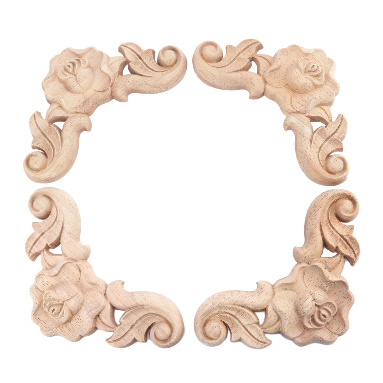 Muxsam 4Pcs Wooden Carved Rose Appliques Onlays,Unpainted Rose Carvings Decals For Cabinet Drawer Wall Headboard Dresser Mirror Pew Cupboard Etc Furniture Decoration(10X10cm/3.94"X3.94")