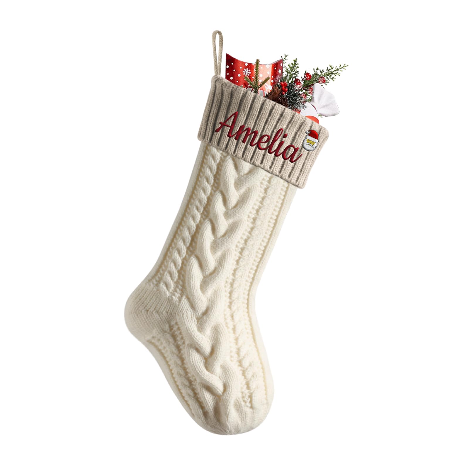 Personalized Christmas Stockings Custom Name Family Christmas Stockings 18" Large Knitted Xmas Fireplace Hanging Stocking, Stocking for Holiday Family Party (Ivory White (Body) / Linen (Mouth))