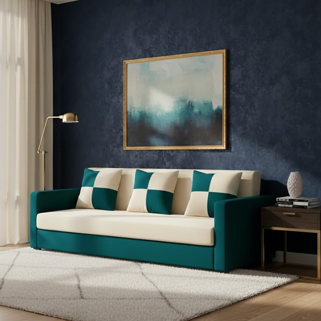 FURNY Ameno 3 Seater Fabric Sofa Set (Cream-Greenish Teal) Premium Velvet Finish | Durable Comfort Ideal for Living Room