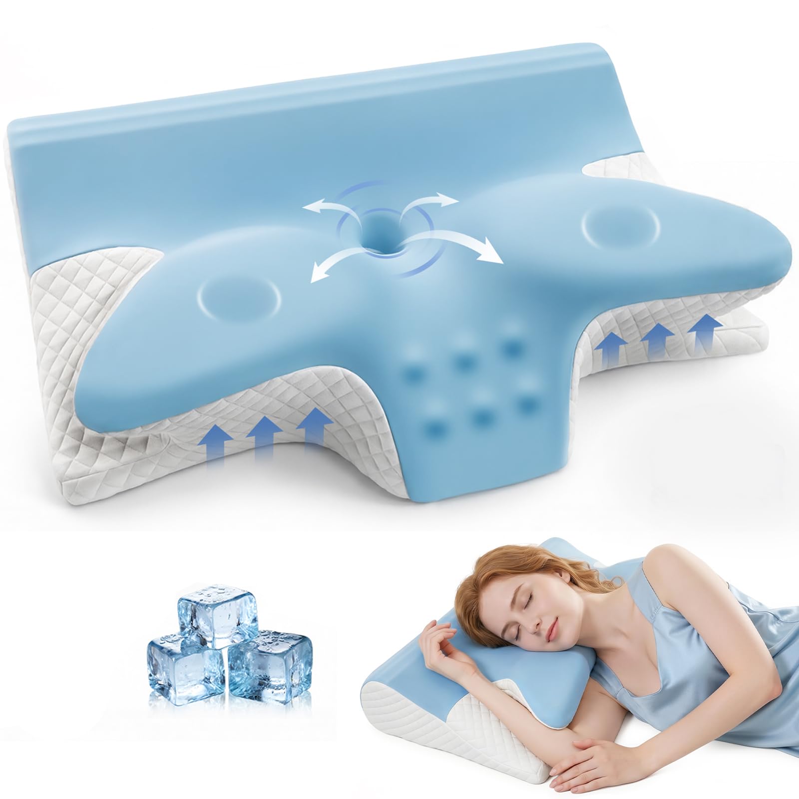 Cuscino Cervicale per Dormire - Cuscino Ergonomico in Memory Foam per Dolori al Collo, Cuscino Ortopedico Antirussamento e Guanciale Letto per Dormire sul Fianco, Schiena(60x42x14/12cm, Blu)