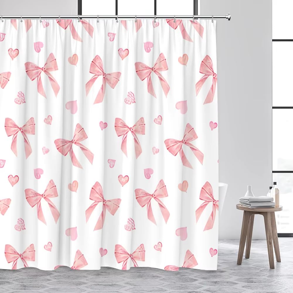 Rideau de Douche à nœud Papillon Rouge et Rose, Motif cœur, Style Moderne, avec Crochets (240 x 200 cm/L x H/Rose 1)