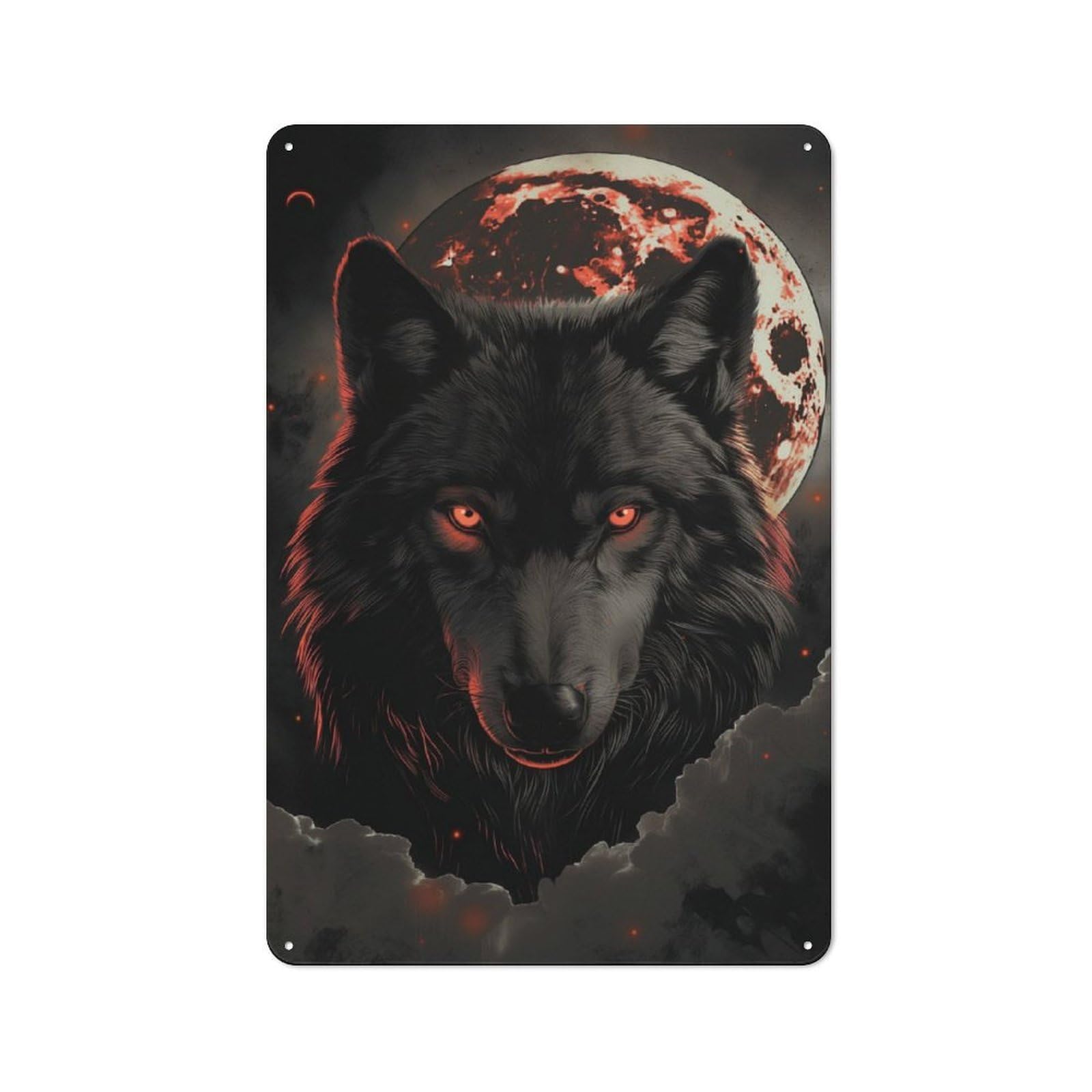 Vintage Metal Sign 30x20cm Featuring Wolf Dark Moon Red Clouds, Home Bar Decor for Cafe, Pub, Workshop Or Home Bar