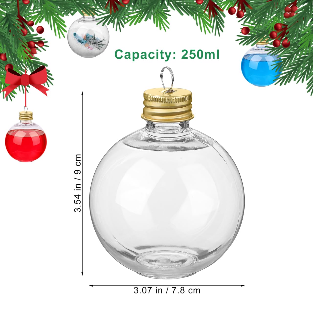 DOITOOL Palline di Natale riempibili per albero di Natale, 10 pezzi, trasparenti, a forma di bottiglia d'acqua, in plastica trasparente, decorazioni natalizie per feste di Natale, 250 ml, dorate