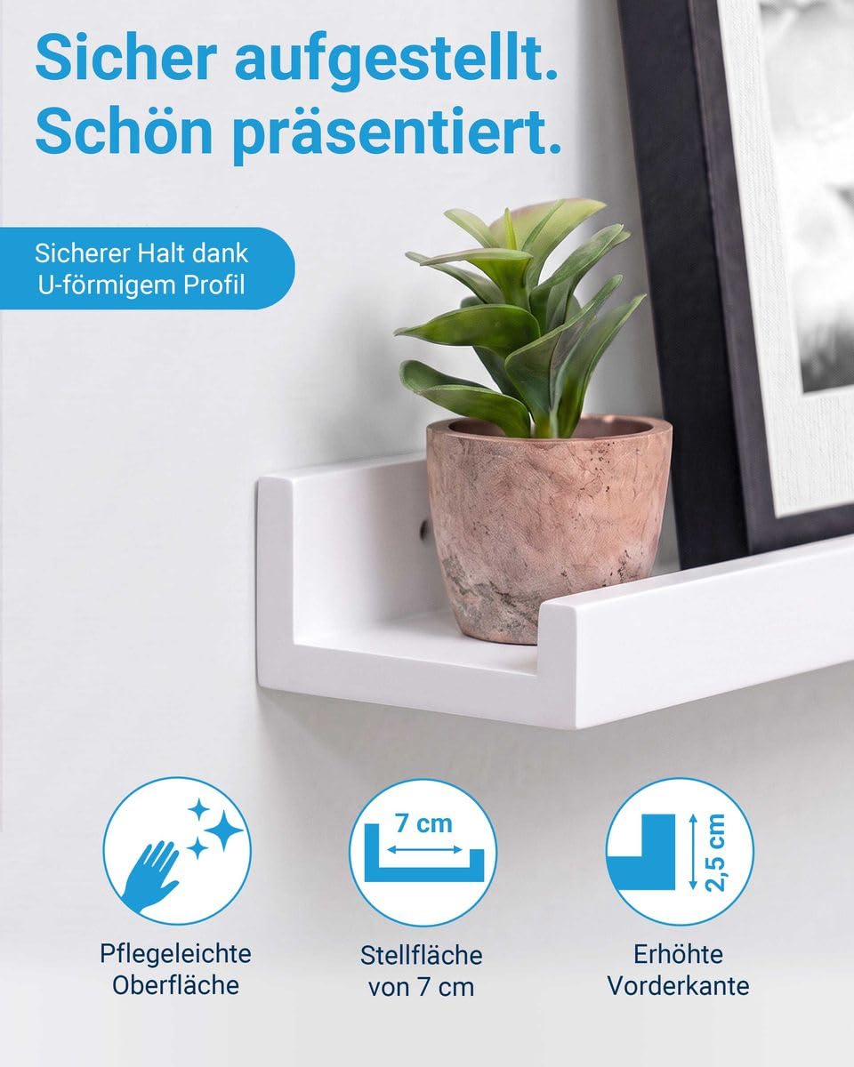 PHOTOLINI Juego de 2 estantes para Cuadros de MDF Blanco de 70 cm Incl. Material de Montaje | Tablero de galería | Tablero de estantería | Estante de Pared | Tablero para Cuadros
