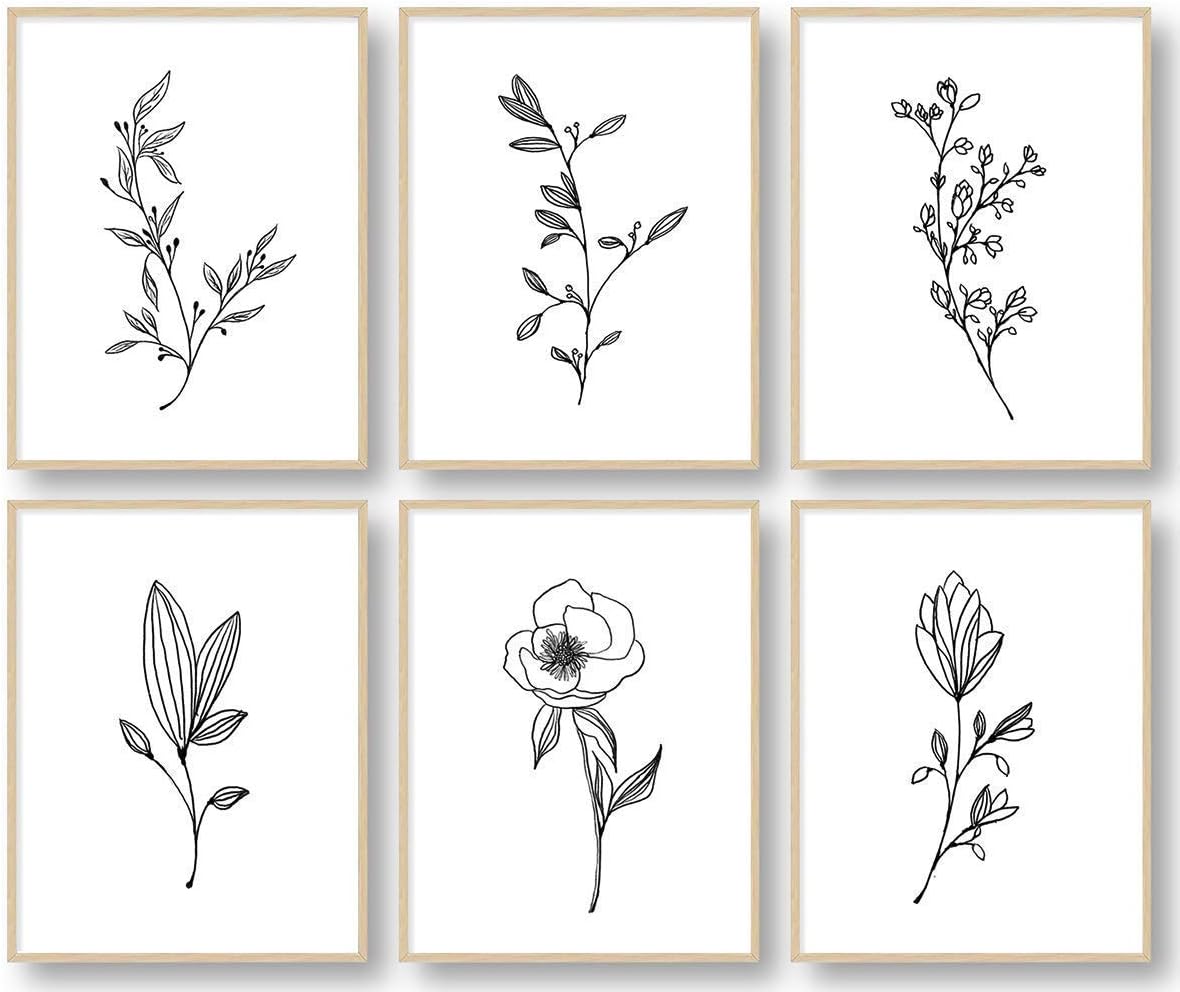 Botanical Plant Wall Art Prints, Minimalist Wall Art, Black and White Wall Art, Plant Wall Decor, Bathroom Wall Decor, Kitchen Wall Decor (Set of 6, 8X10in, Unframed)