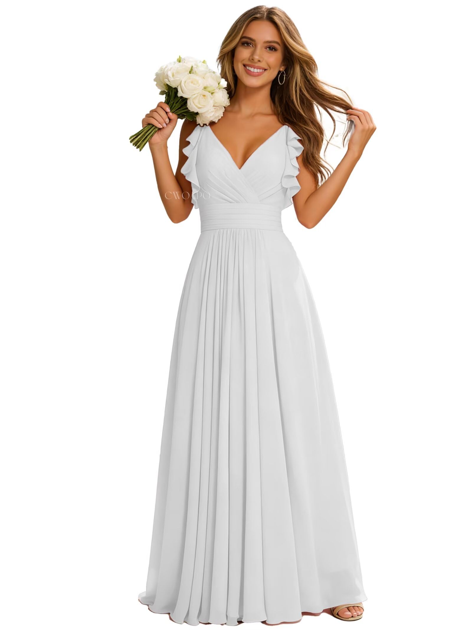 CWOAPO Chiffon Bridesmaid Dresses for Women Spaghetti Straps Ruched A-Line V Neck Formal Wedding Guest Evening Gown White Plus Size US28W