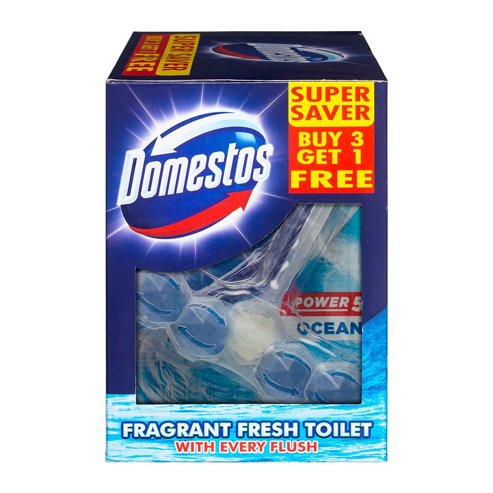 Domestos Power 5 Toilet Cleaner Rim Block with Fresh Ocean Scent, Power of 5 in 1 Limescale Prevention, Long-Lasting Fragrance, Rich Foam, Shine, and Hygiene, Protects Against Germs & Keeps Toilet Clean & Shiny After Every Flush, 55g (Pack of 4) (B0BXXWB1Y7) Amazon Price History, Amazon Price Tracker