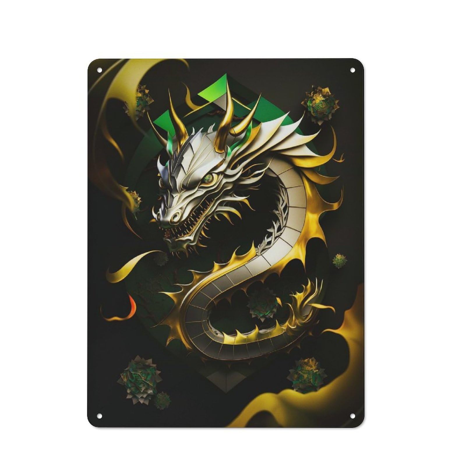 Junmoney Gold Silver Dragon Workshop Style Metal Wall Decor 40X30cm, Tin Sign For Tool Room, Garage, Studio Or Home Bar