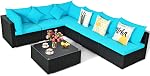 COSTWAY 7 Pieces Patio Furniture Set, Outdoor Rattan Conversation Set with 6 Seats, Coffee Tea Table, Soft Cushions, Wicker Patio Sectional Sofa for Garden Balcony Porch Poolside (Black)