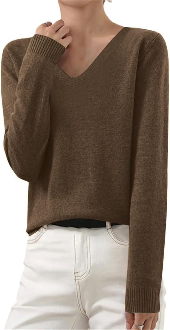 OIOLOYJM Fall Cashmere Sweaters for Women 2025 V Neck Long Sleeve Tops Lightweight Knitted Pullovers Merino Wool Sweater