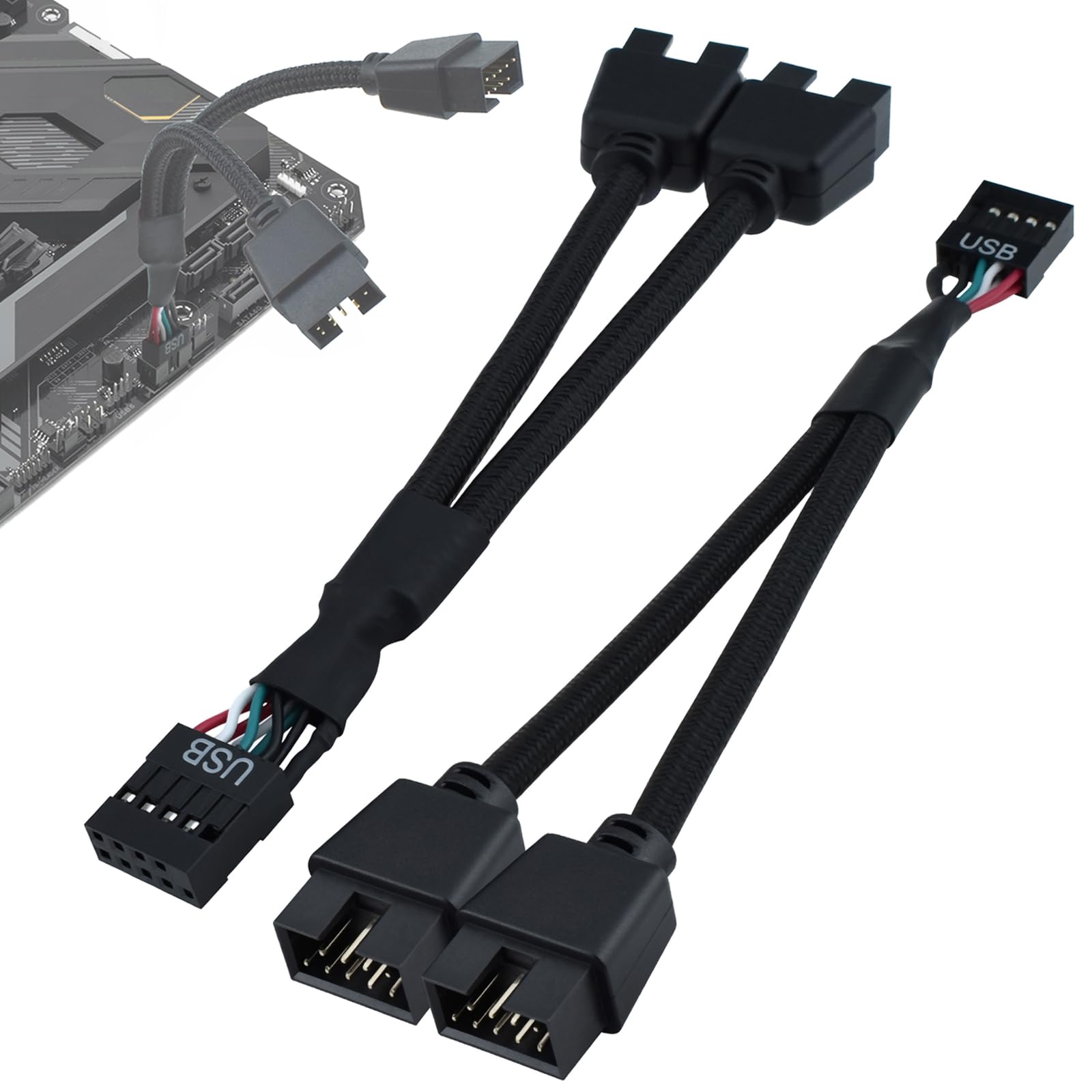 Pleciony nylonowy rozgałęźnik nagłówka USB 2.0, 9-pinowy kabel USB 2.0 na podwójny 9-pinowy, do komputera, płyty głównej, koncentratora USB, 2 sztuki, czarny