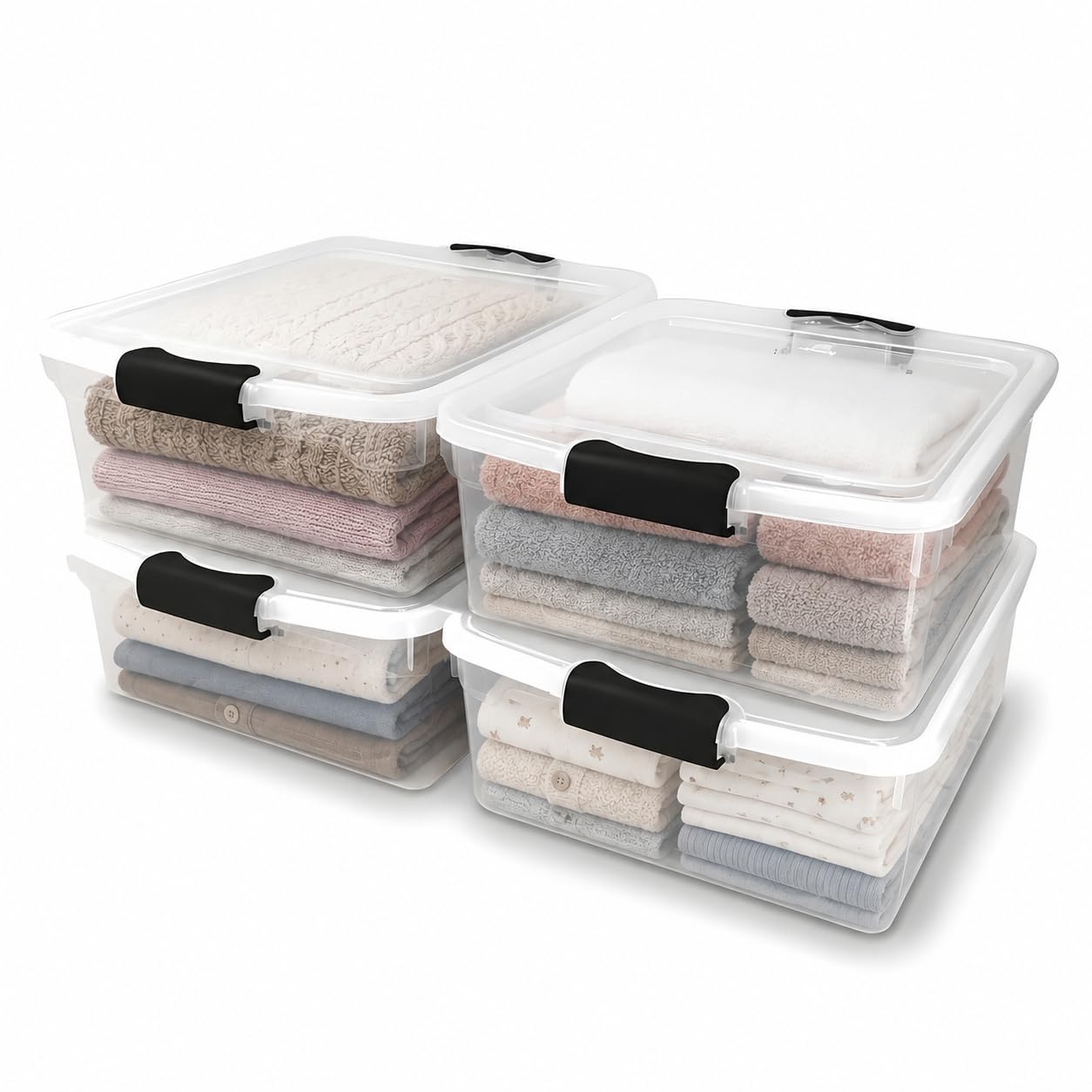 HOMZ 4-Pack Latching Lid, Clear Plastic Storage Organizer Bins, 15.5 Quart, Gray Latch - Stackable Organizing Containers for Home, Garage, and Office