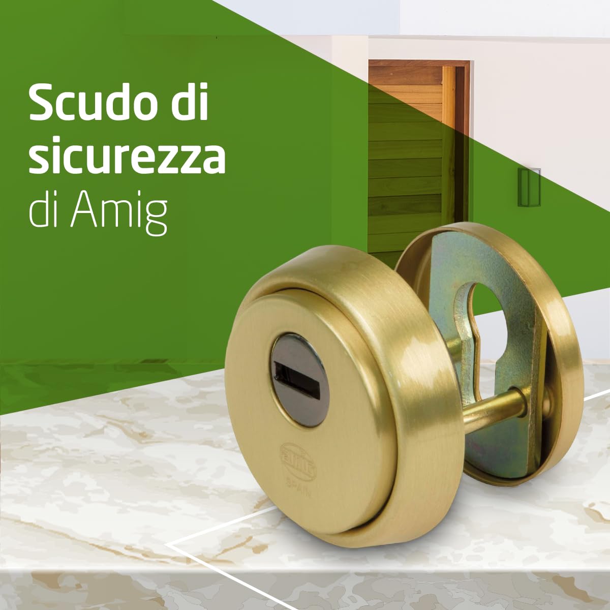 Amig - Defender per cilindro Mod. 30 - Ottone - Dorato - Anello esterno pieno - Ø65 mm - Con piastra antitrapano - Con viti e supporto - Per cilindro Europrofilo EN1303 - Corpo in acciaio sinterizzato