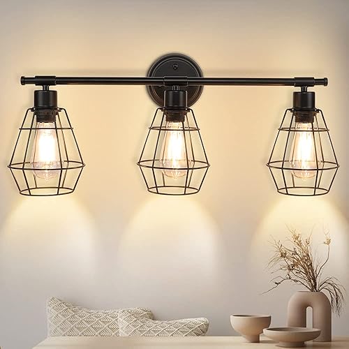 Miniatura 7 de Depuley Lámparas industriales de tocador de baño de 3 luces, lámpara de pared de baño de granja, apliques de pared de jaula de metal vintage para