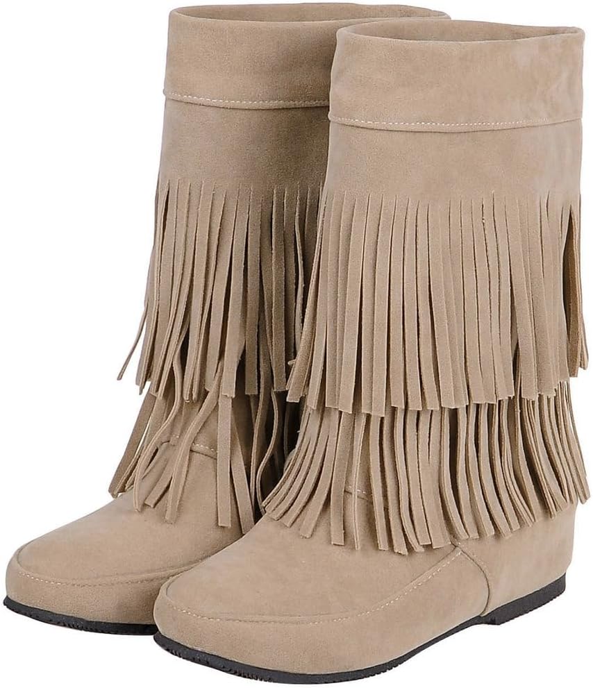 DINTAHA Flat Boots With Fringe For Women,Mid Calf Boots For Women Low Heel,Suede Ankle Boots