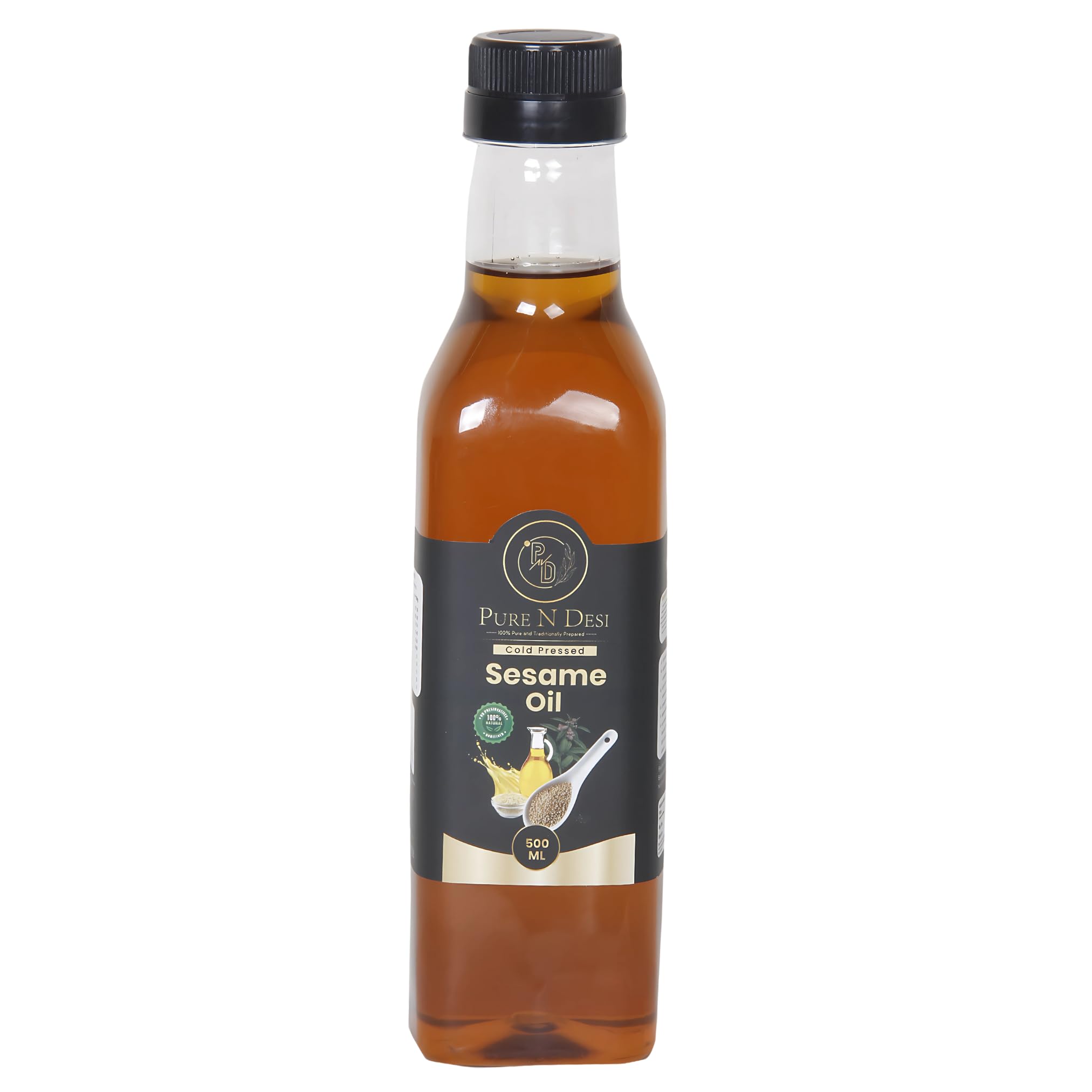 PURE N DESI Sesame Oil Cold Pressed | Wood Pressed Gingelly Oil for Cooking 500ml | Kachi Ghani Til Ka Tel | Lakdi Ghana Tel | Kolhu Tel | Cold Pressed Sesame Oil for Cooking | Til Oil for Pooja - 500ML